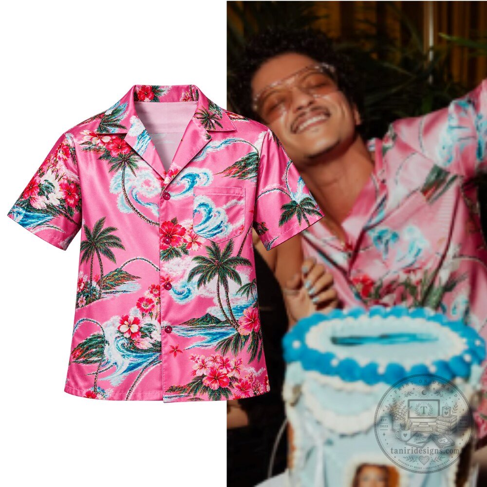 Bruno Mars Satin Tropical Palm Tree Pink Hawaiian Shirt
