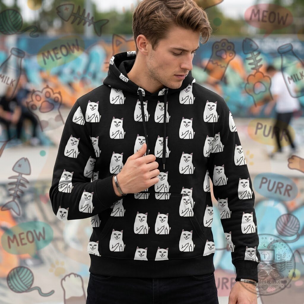 Middle Finger Cat All Over Print Pullover Hoodie